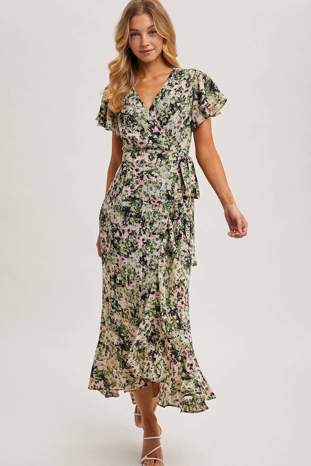 FLORAL PRINT WRAP RUFFLED MIDI DRESS: BLUE D02356