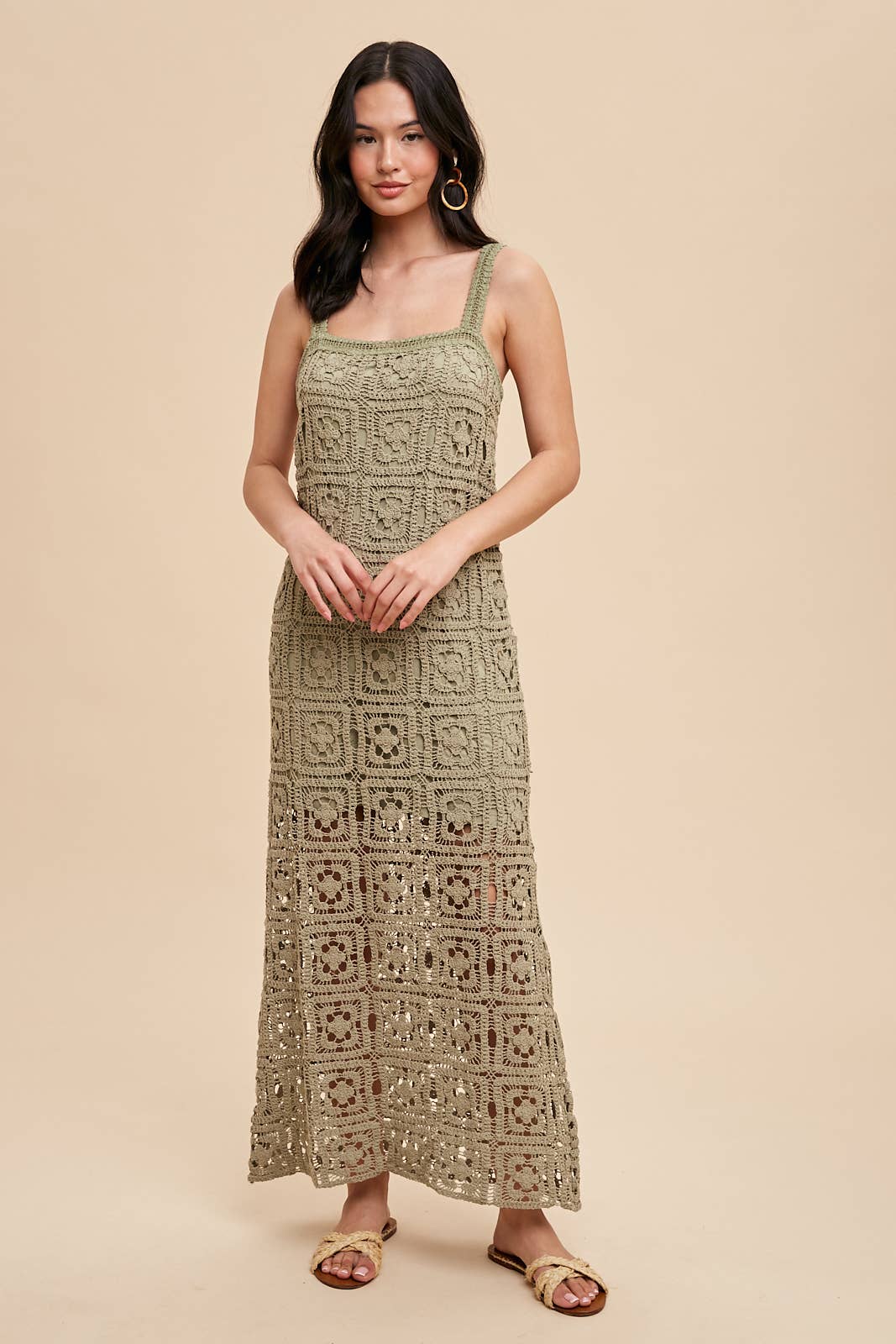 COTTON CROCHET MAXI TANK DRESS: DUSTY OLIVE / ILD5424-N