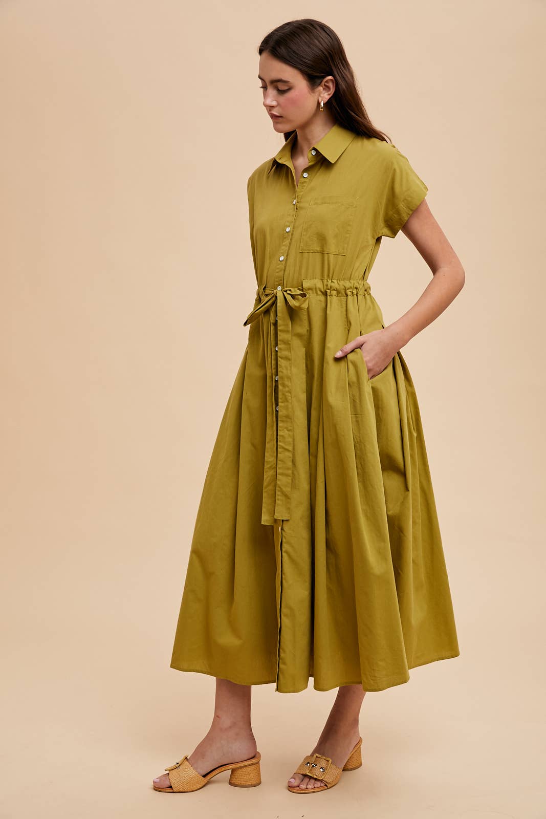 BUTTON DOWN SHIRT MAXI DRESS: OLIVE PALM / ILD6353