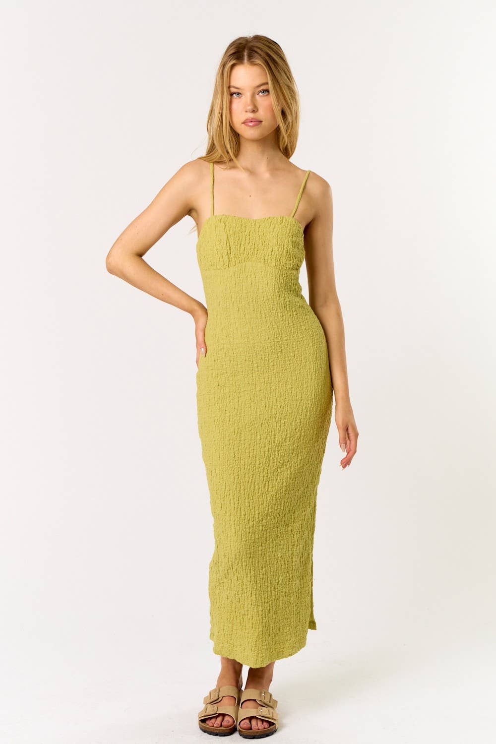 IBD32207 TEXTURED OPEN TIE BACK MIDI DRESS : LIME