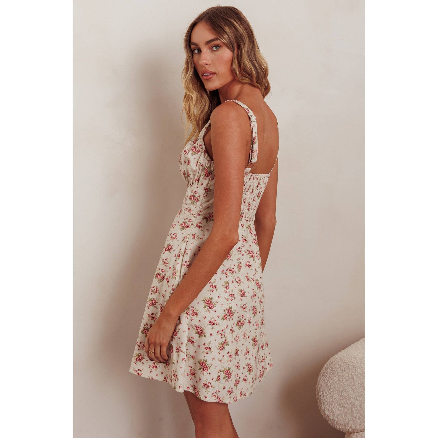 SLEEVELESS FLORAL MINI DRESS: CHERRY / SR1186J03