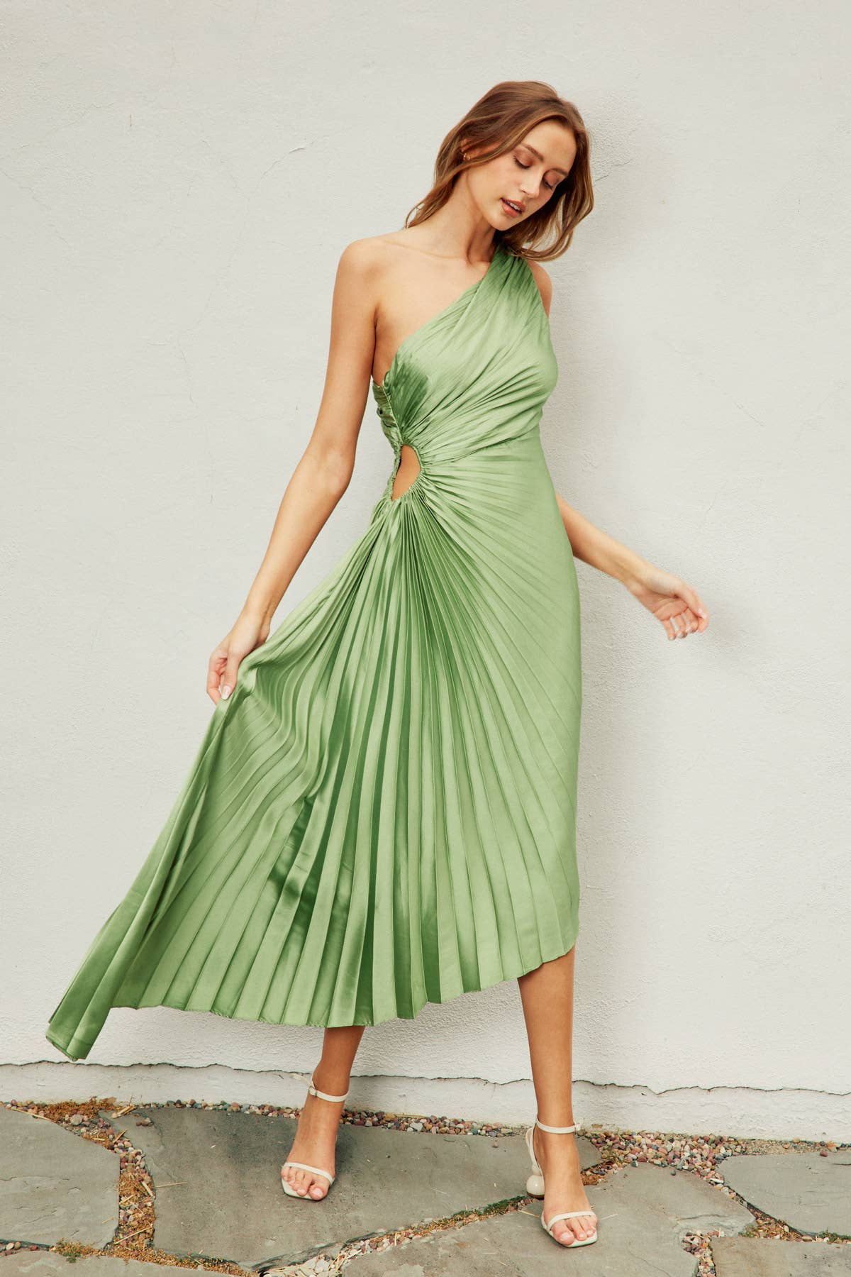 Olympia Asymmetrical Pleated Maxi Dress (1): GOLDEN OCHRE / S-M-L(3-2-1)