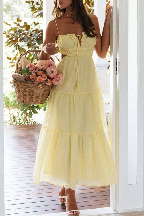 Solid bandeau strap backless swing maxi tiered dress: Blue / RCJY00340-Blue