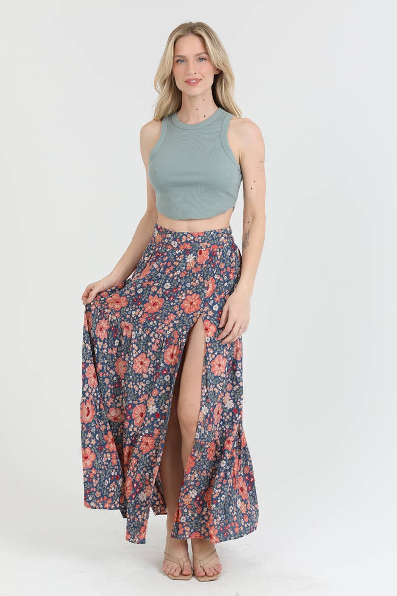 26N20-WA34 FLORAL PRINT MAXI SKIRT WITH HIGH SLIT