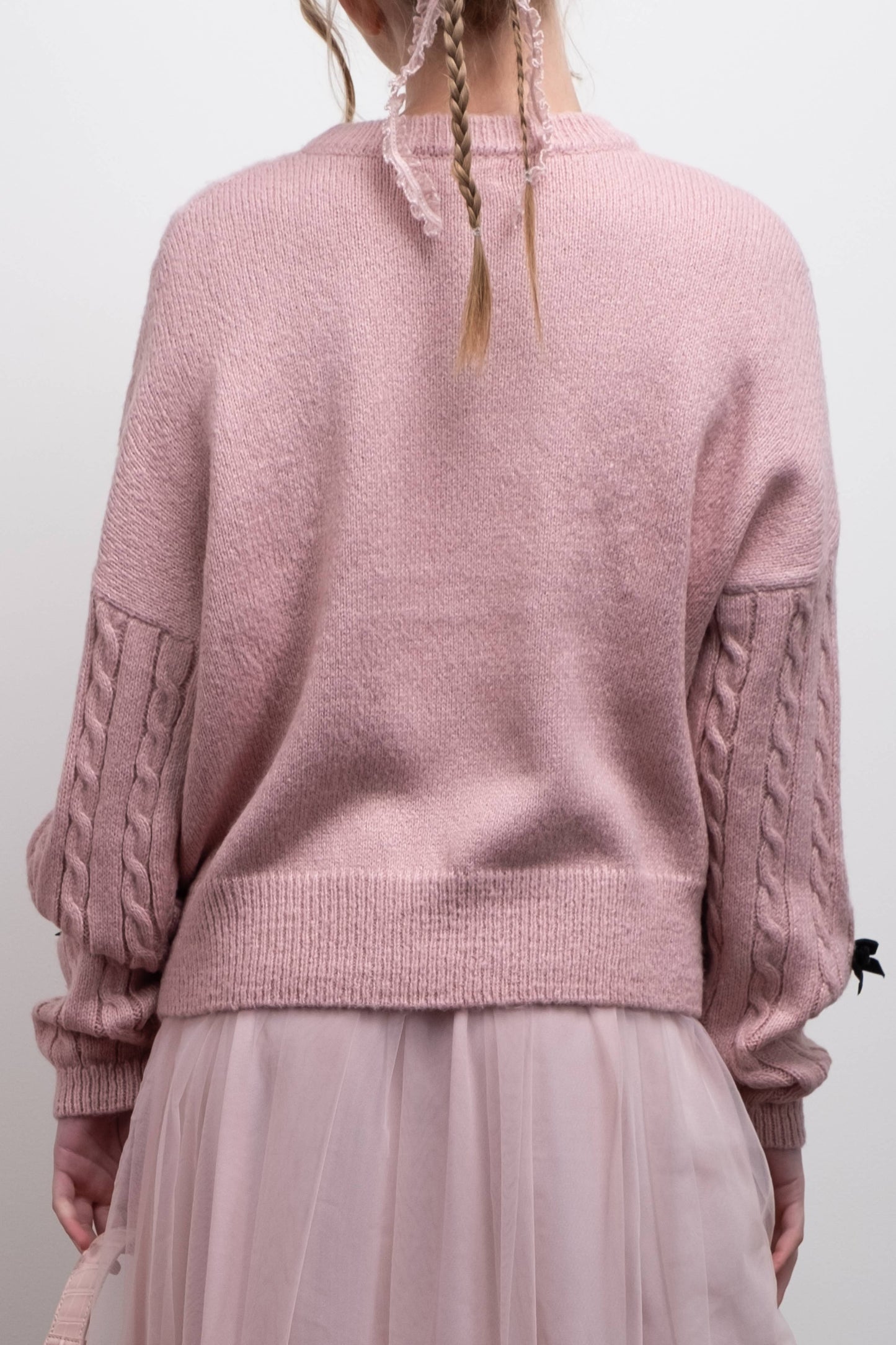 BOW DETAIL CABLE KNIT PULLOVER SWEATER: IVORY CR2409_IVORY
