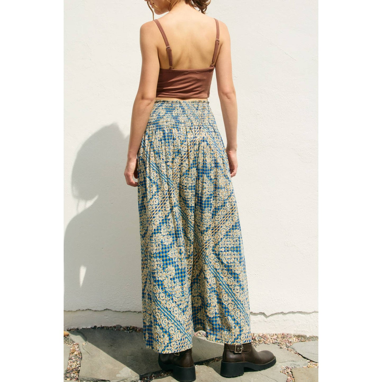 Stay Cute Smocked Hip Midi Skirt: PLAID DENIM / FS12202-P1971_1