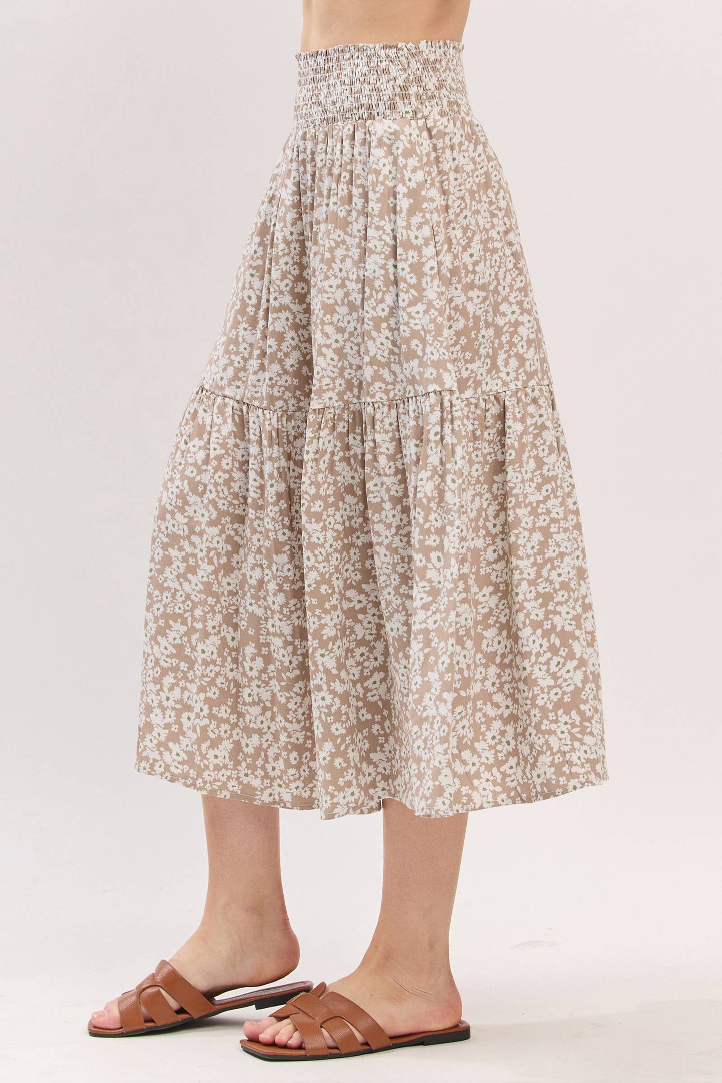 Print Tiered Midi Skirt - VS3533A: Taupe