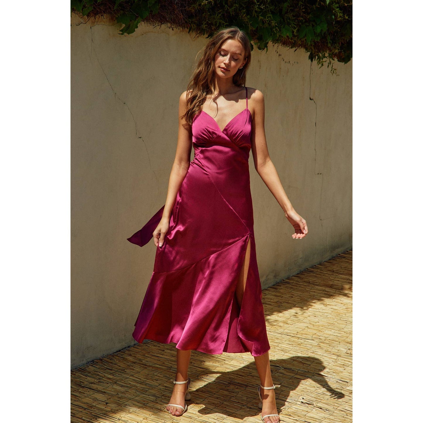 Satin Tie-Back Slit Midi Dress: SANGRIA / FD4571_1