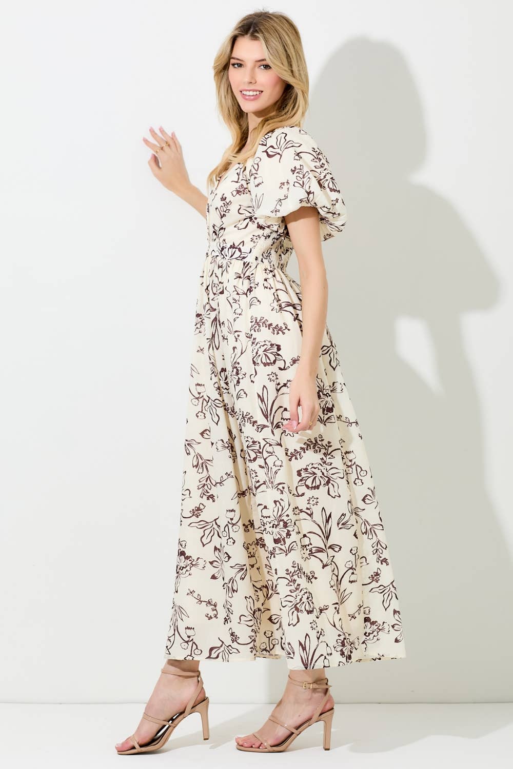 FLORAL PRINT BUBBLE SLEEVE MAXI DRESS: BD5703-D