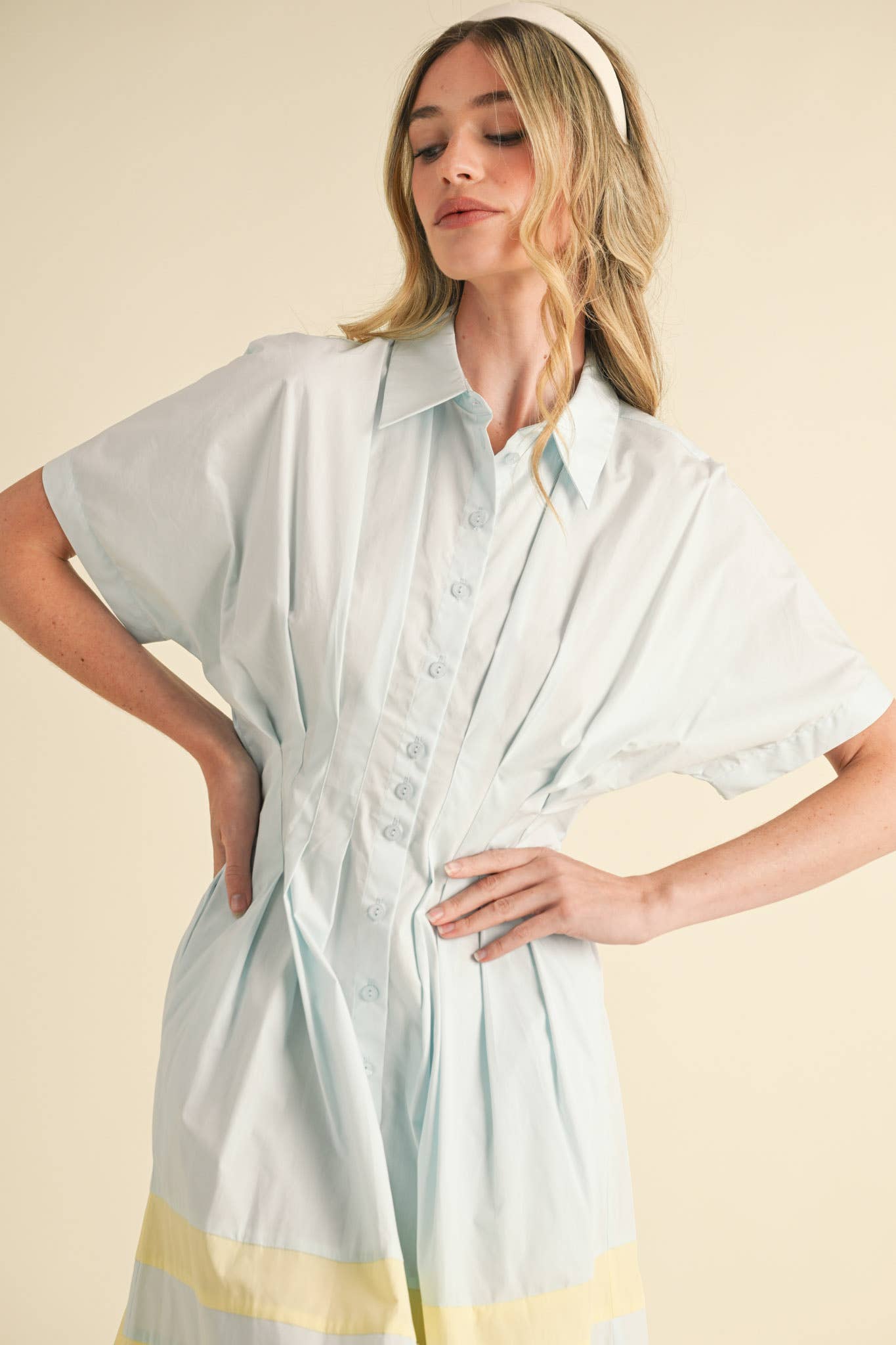 BUTTON DOWN PLEATED WAIST COLOR BLOCK MIDI DRESS MDR3556