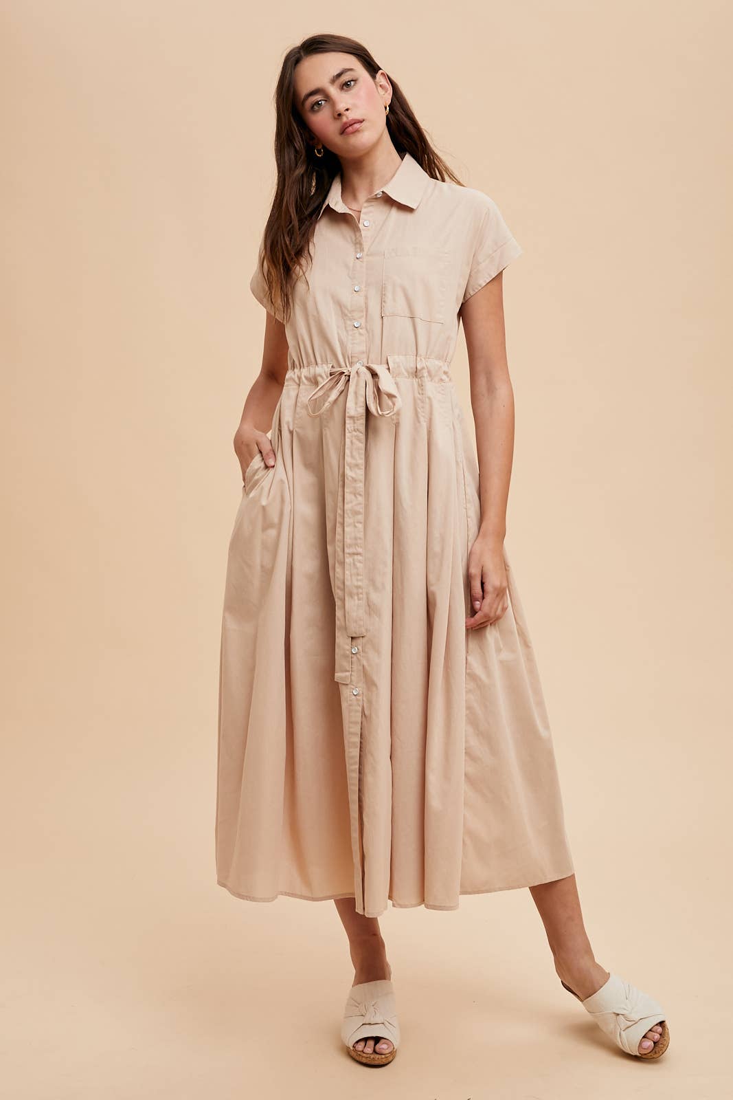 BUTTON DOWN SHIRT MAXI DRESS: OLIVE PALM / ILD6353