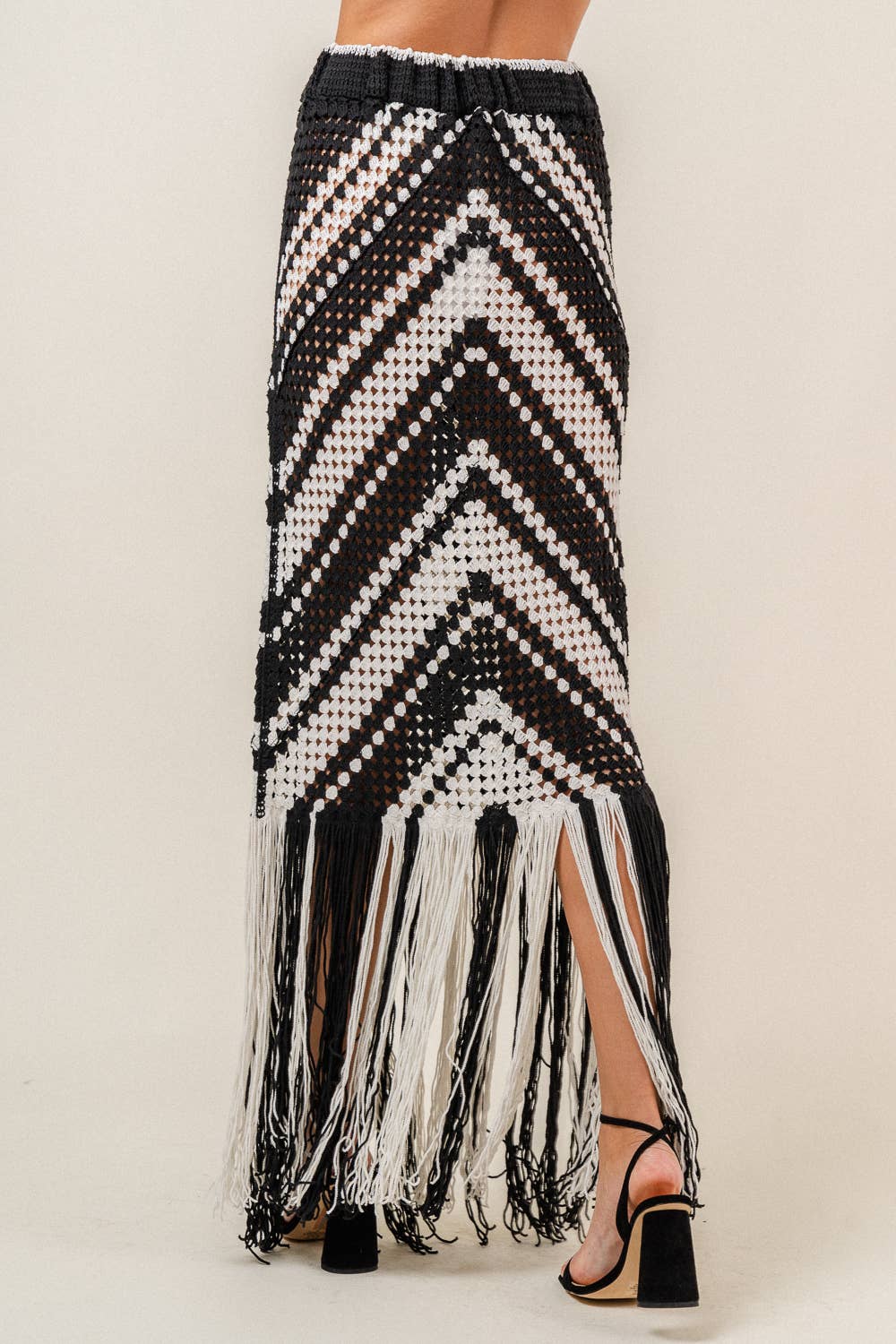 RESORT BEACH CHEVRON CROCHET FRINGED MIDI SKIRT-SI3997FO: Ivory/Navy