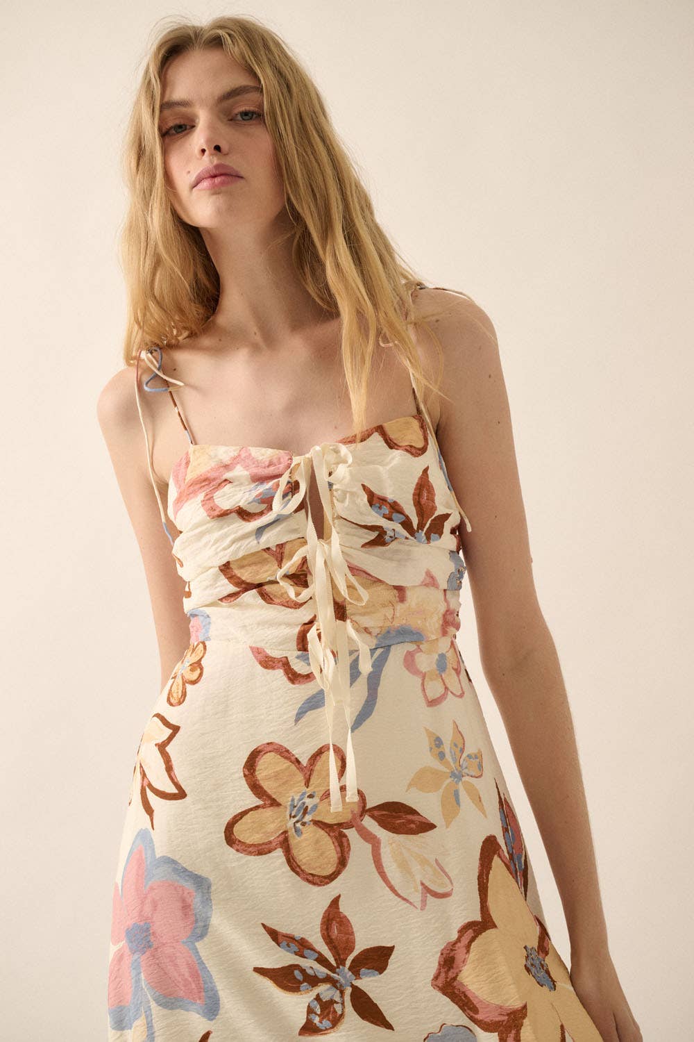 Textured Floral-Print Tie-Front Ruffle Midi Dress: CREAM / NDC2208C