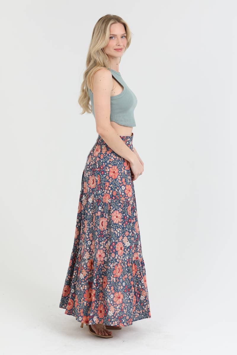 26N20-WA34 FLORAL PRINT MAXI SKIRT WITH HIGH SLIT