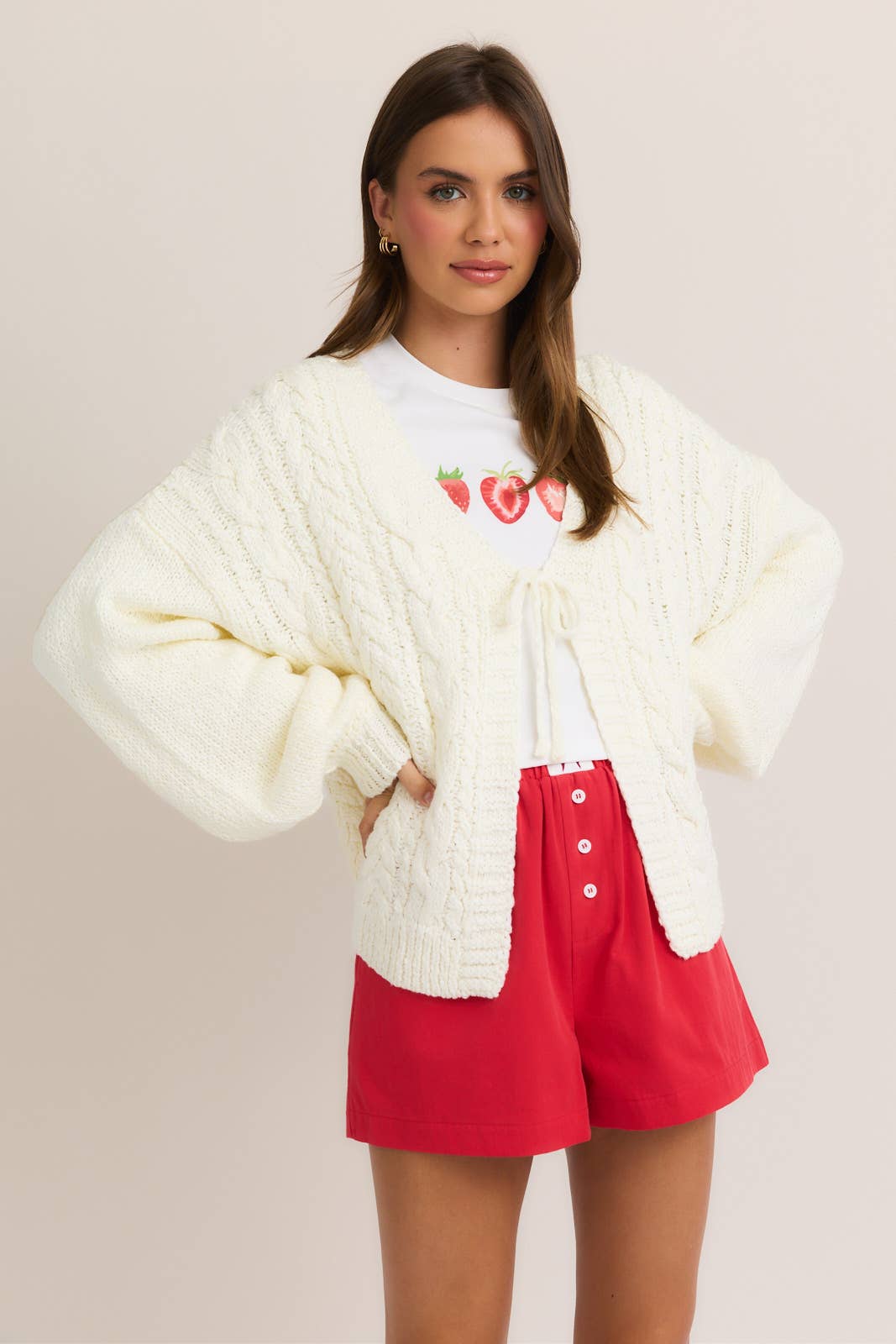 FRONT TIE CABLE CARDIGAN: LAVENDER /