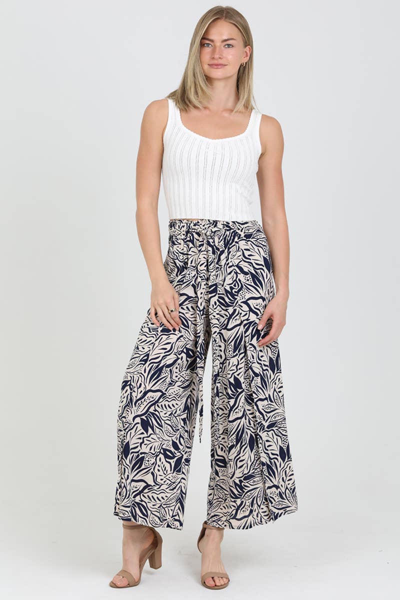 25P63-FQ81 PRINTED WIDE LEG PANTS WITH FRONT SLITS AND TIE W