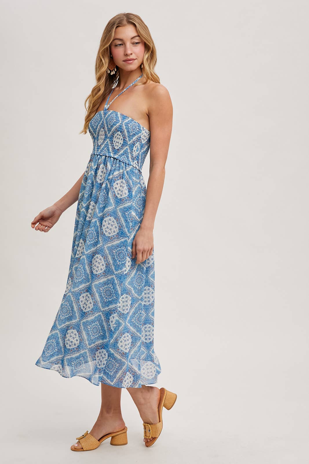 GEO PRINT SMOCKED HALTER DRESS: Green D02355