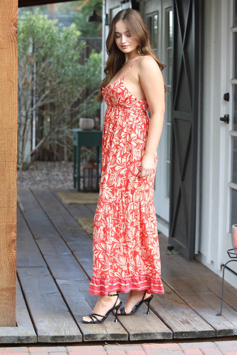 C4A27-A876 SPAGHETTI STRAP RACER BACK MAXI DRESS: Red
