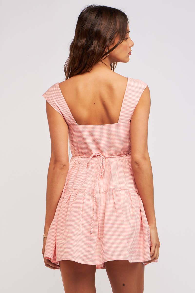 CHECHER PRINT WIDE STRAP FRONT BUTTON MINI DRESS: BK Gingham / SM-D20652B