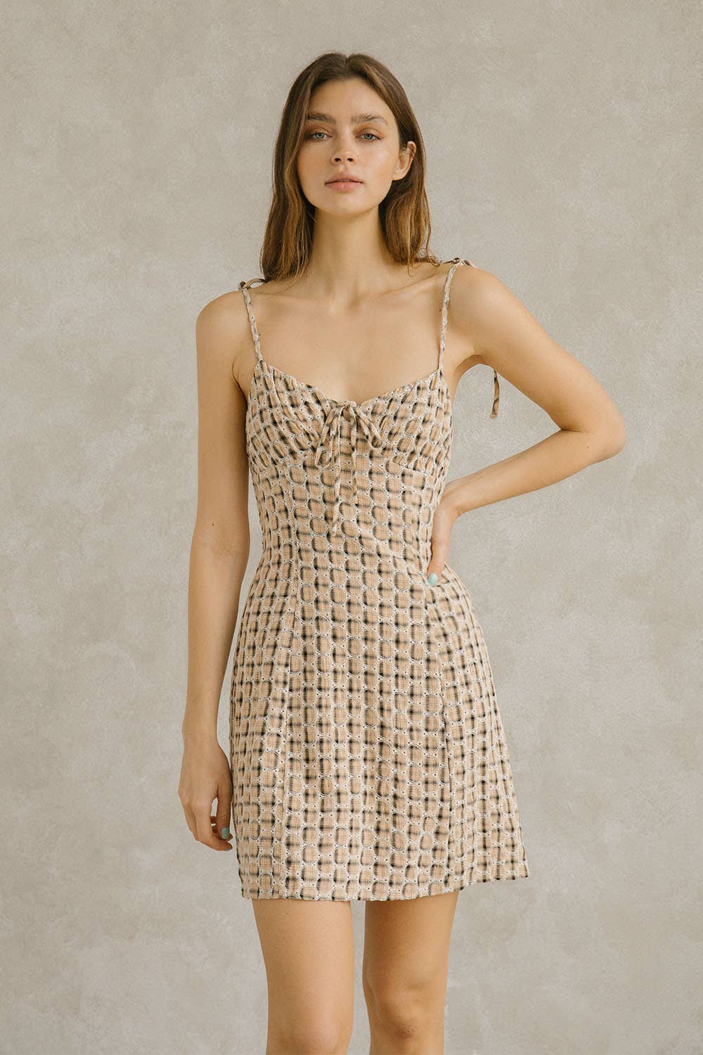 BD2595- Plaid and Circled Eyelet, Empire Waist Mini Dress: Dusty Apricot
