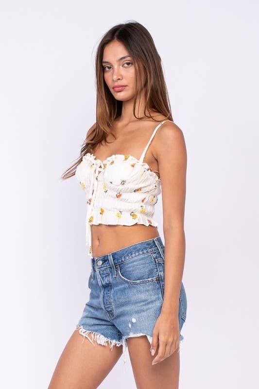 FLORAL SLEEVELESS CORSET STYLE RUFFLE CROP TOP: Joy / SM-T10177B
