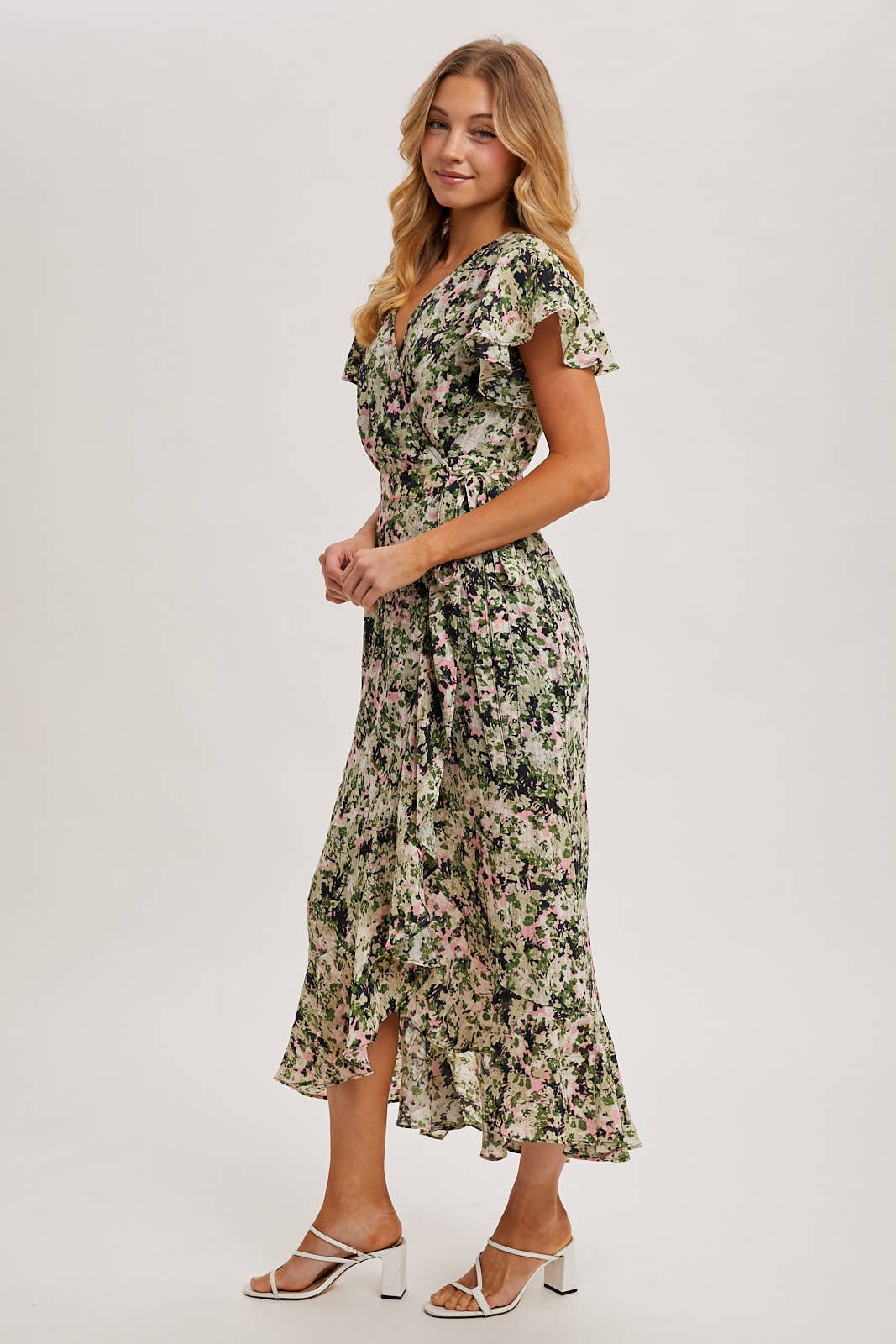 FLORAL PRINT WRAP RUFFLED MIDI DRESS: BLUE D02356