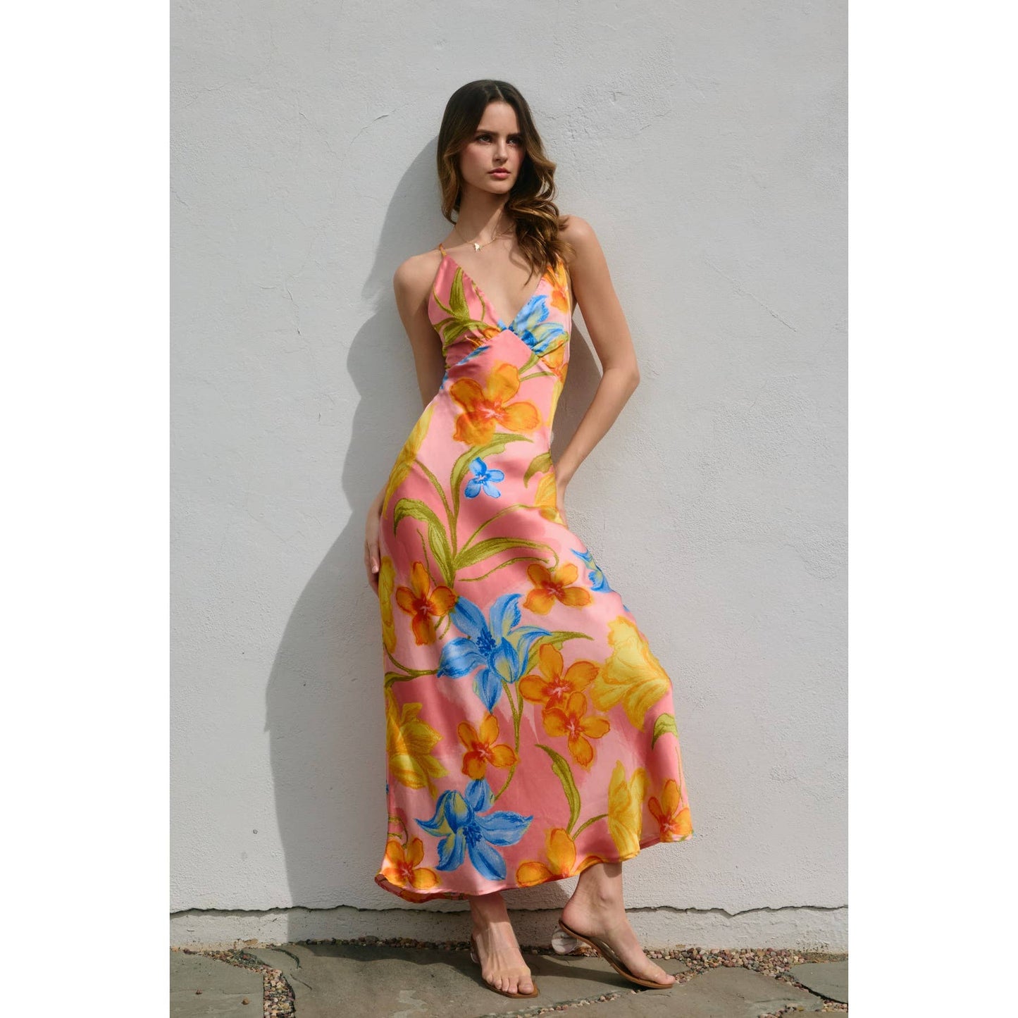 Blushing Blossom Chevron Seam Cross Back Maxi Dress: HONEYSUCKLE / FD12791-P2097_2