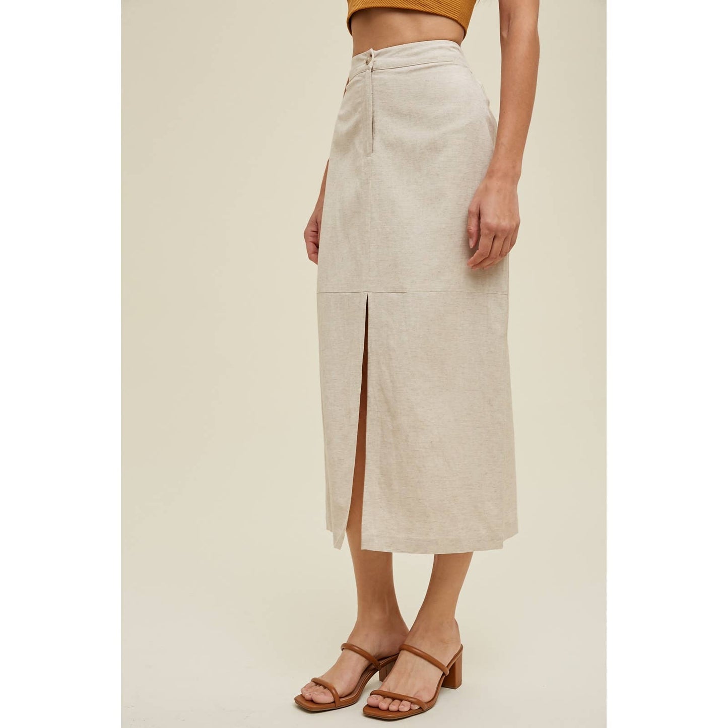 LINEN MIDI SKIRT WITH FRONT SLIT DETAIL / WL24-8822: OATMEAL