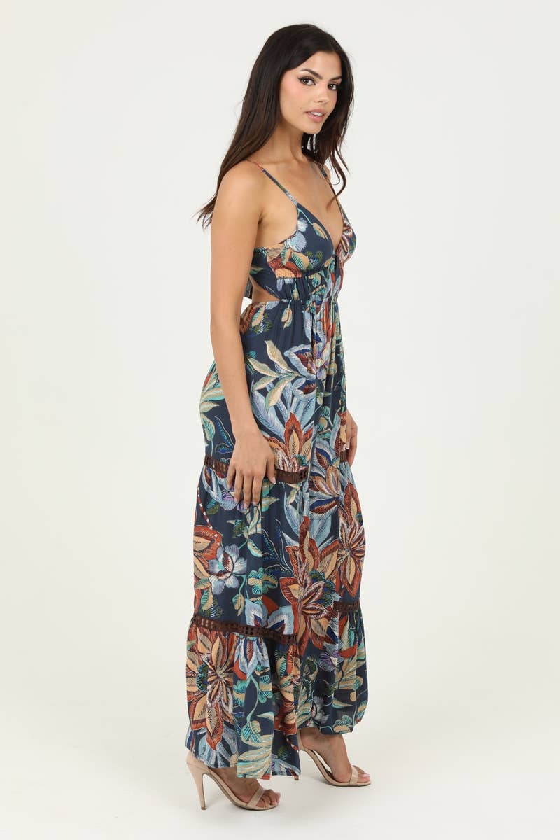 B5A99-FQ60 V NECK OPEN TIE BACK WIDE LEG WITH LACE INSET JUM: IVORY-GREEN