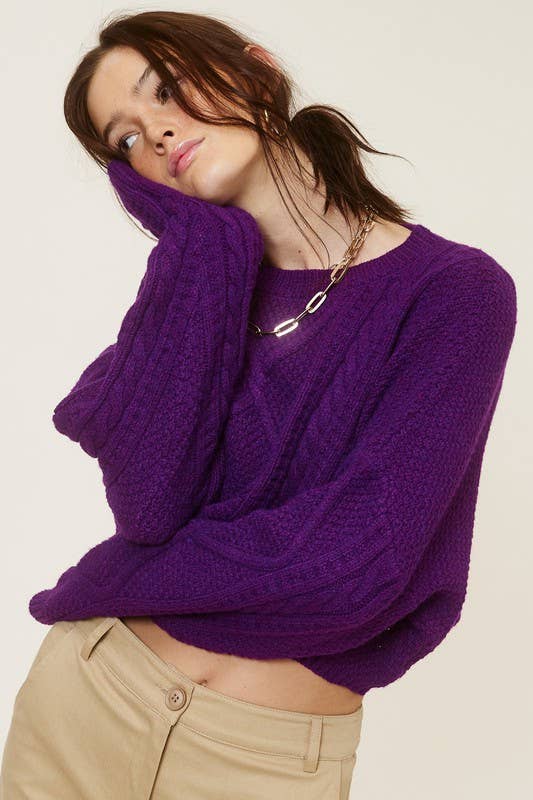 MT1506 CREWNECK CABLE-KNIT LONG SLEEVE CROPPED SWEATER: Brown