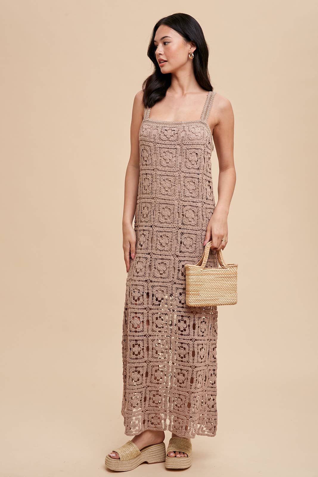 COTTON CROCHET MAXI TANK DRESS: MUSHROOM / ILD5424-N