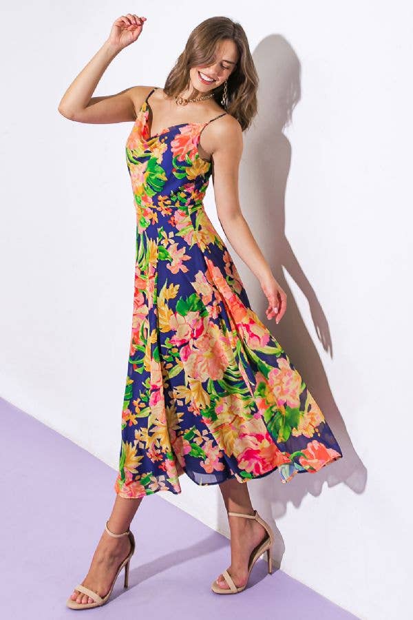 A printed woven midi dress - ID21223: NAVY