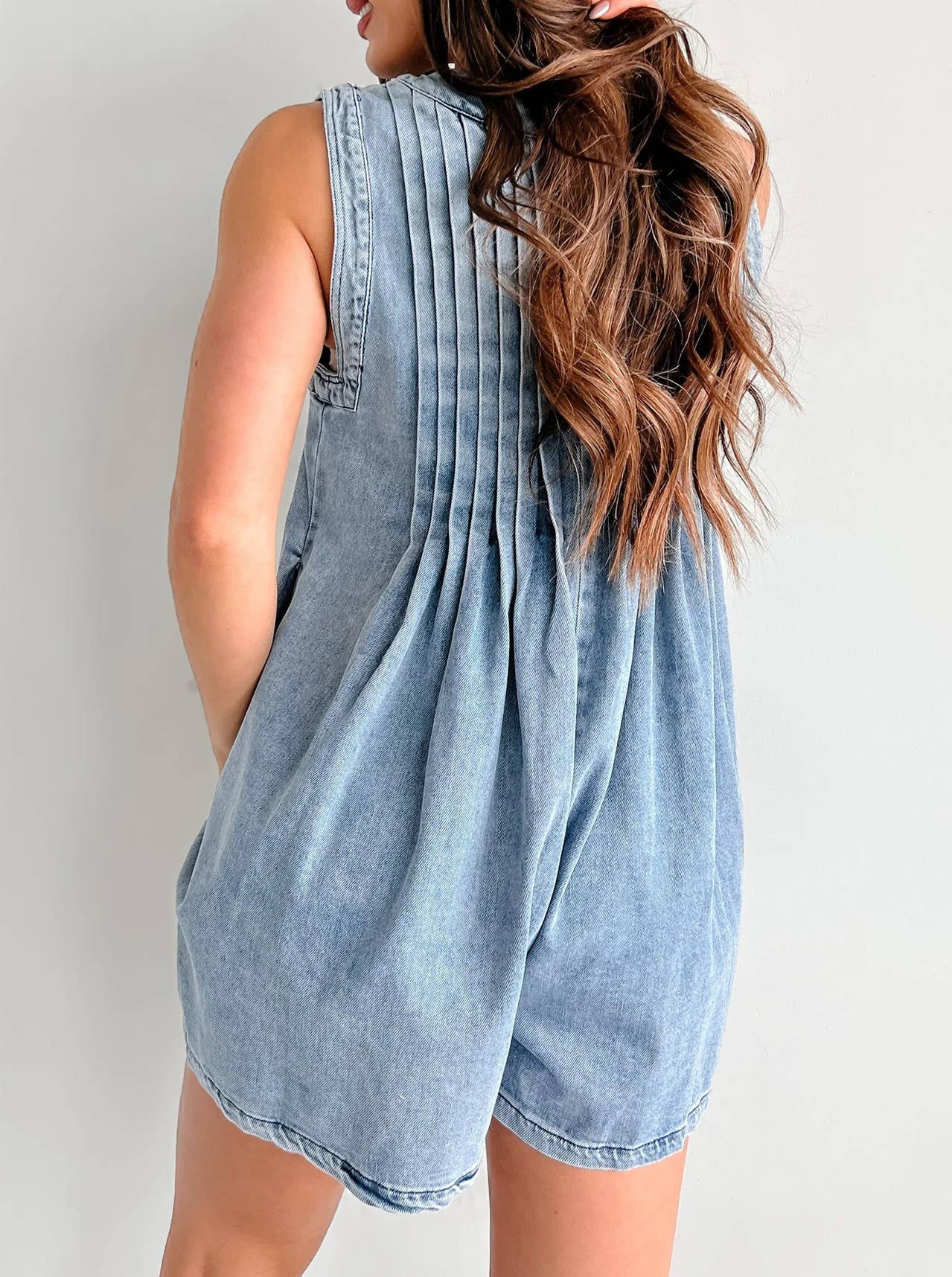 V-Neck Lace-Up Sleeveless Denim Shorts Jumpsuit: Blue / JUMPSUIT_RCXL02216