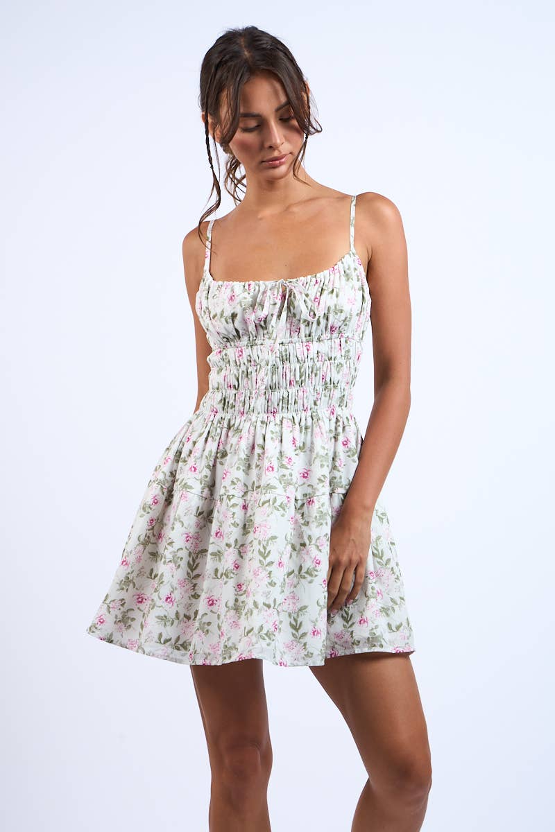 MINT-PINK FLORAL SMOCKED WAIST BAND MINI DRESS: Mint Pink Floral / SM-D20736F