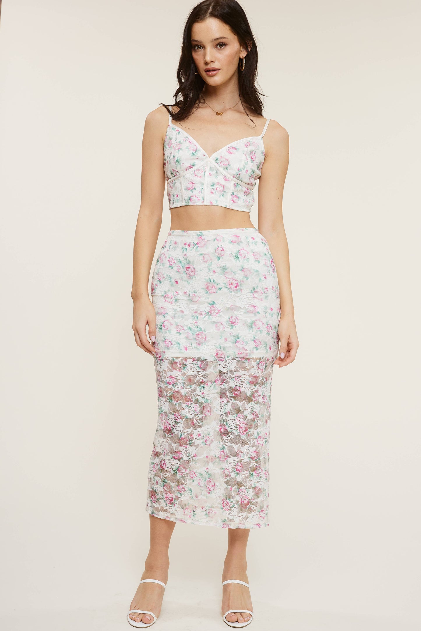 💖Only Skirt💖 MS8057 FLORAL LACE TANK + MIDI SKIRT: Baby Blue