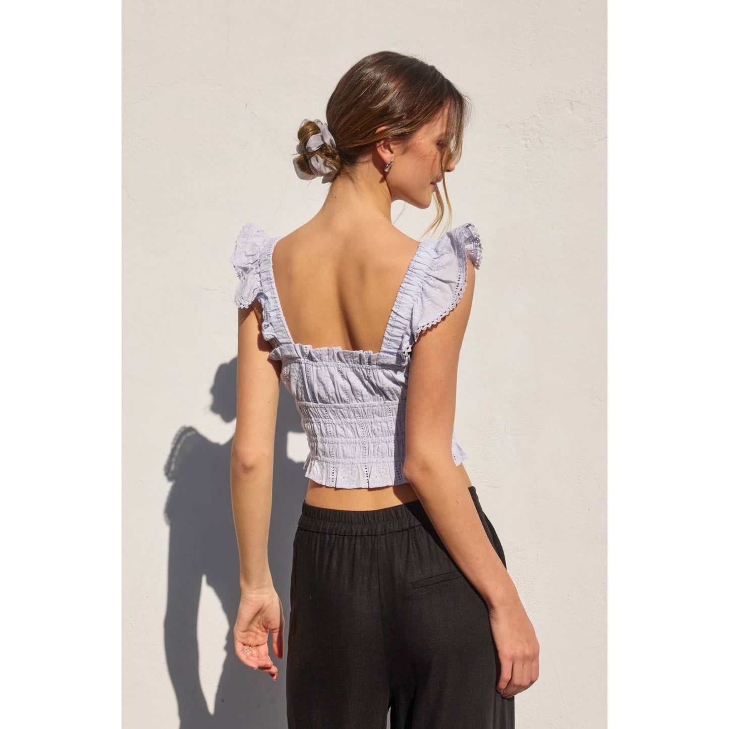 Sunbeam Eyelet Lace Trim Flutter Sleeve Top: CASHMERE BLUE / FT12699-CP486_1