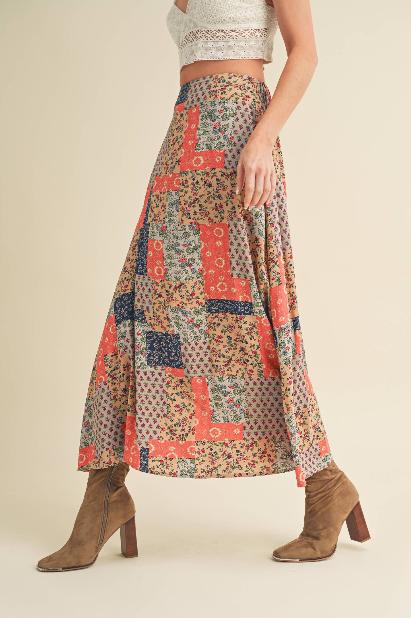 773DN-C6 Bradyn Patchwork Print Skirt / Mint/Pink