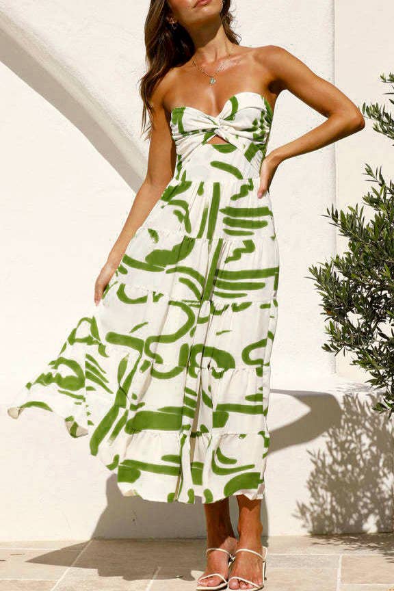 Twist front tube top swing maxi dress: Green / RCJY00395-Green