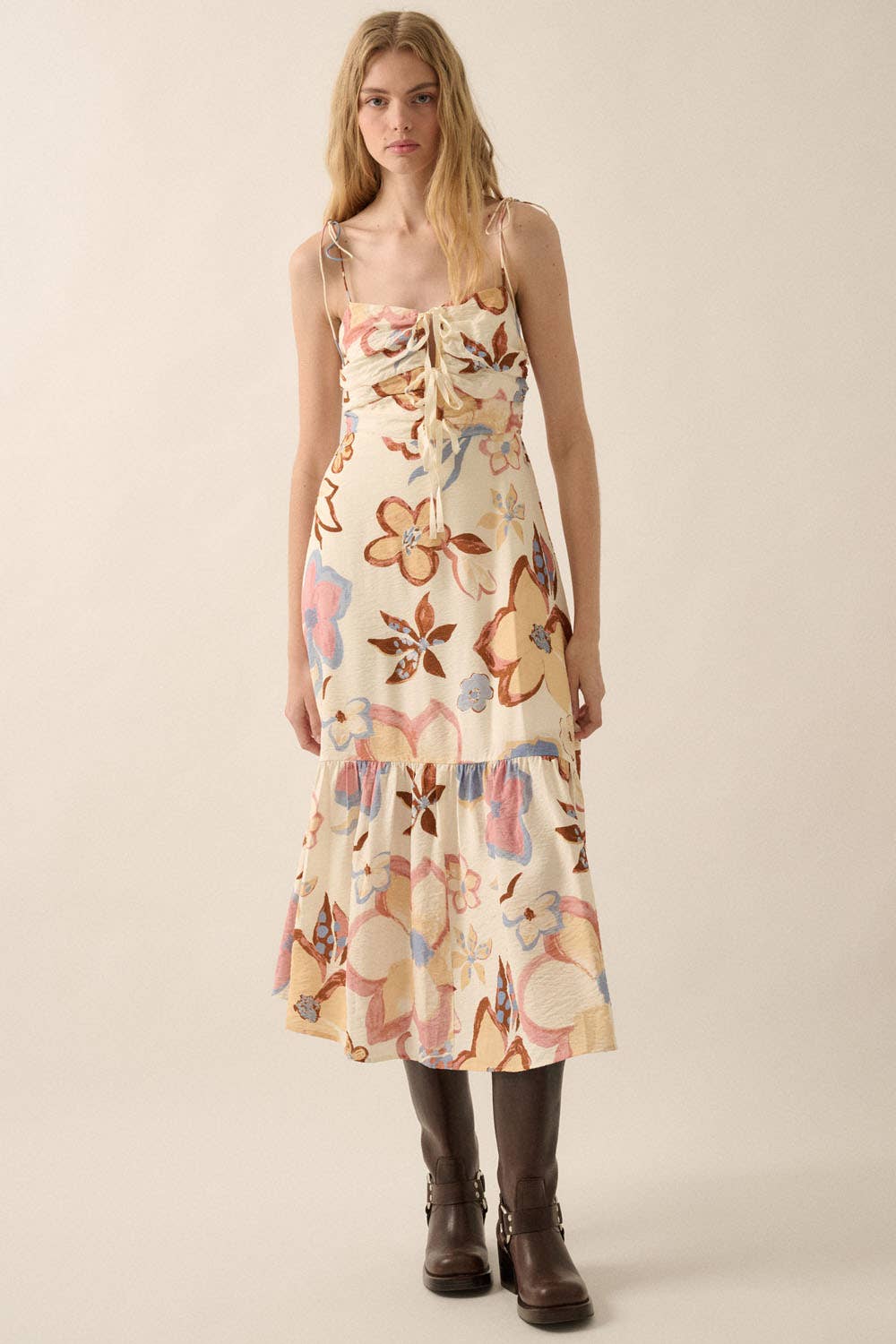 Textured Floral-Print Tie-Front Ruffle Midi Dress: CREAM / NDC2208C