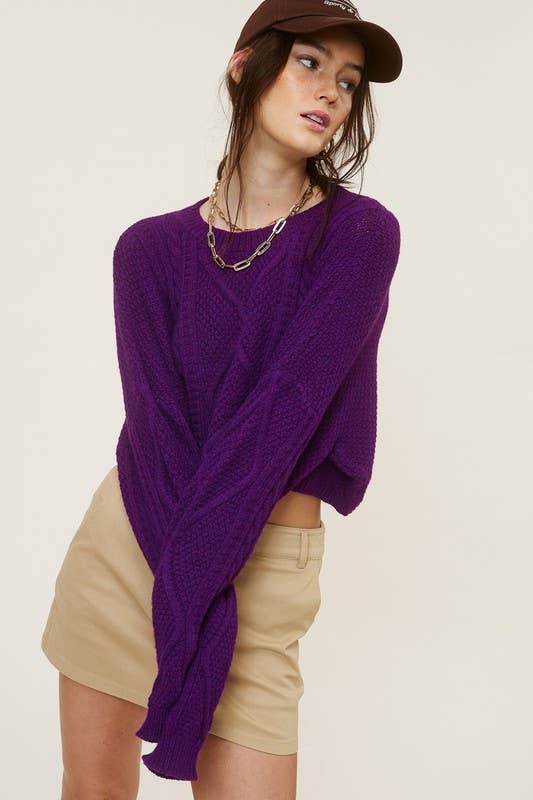 MT1506 CREWNECK CABLE-KNIT LONG SLEEVE CROPPED SWEATER: Brown