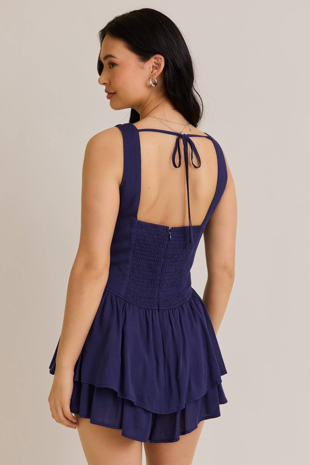 SLEEVELESS ROMPER WITH SMOCKING BACK AND SIDE ZIPPER: NAVY / PM6210