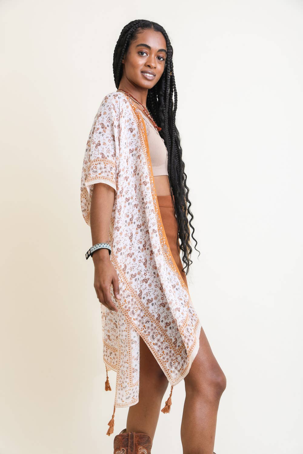 YSK-4101 Floral Paisley Kimono: Camel