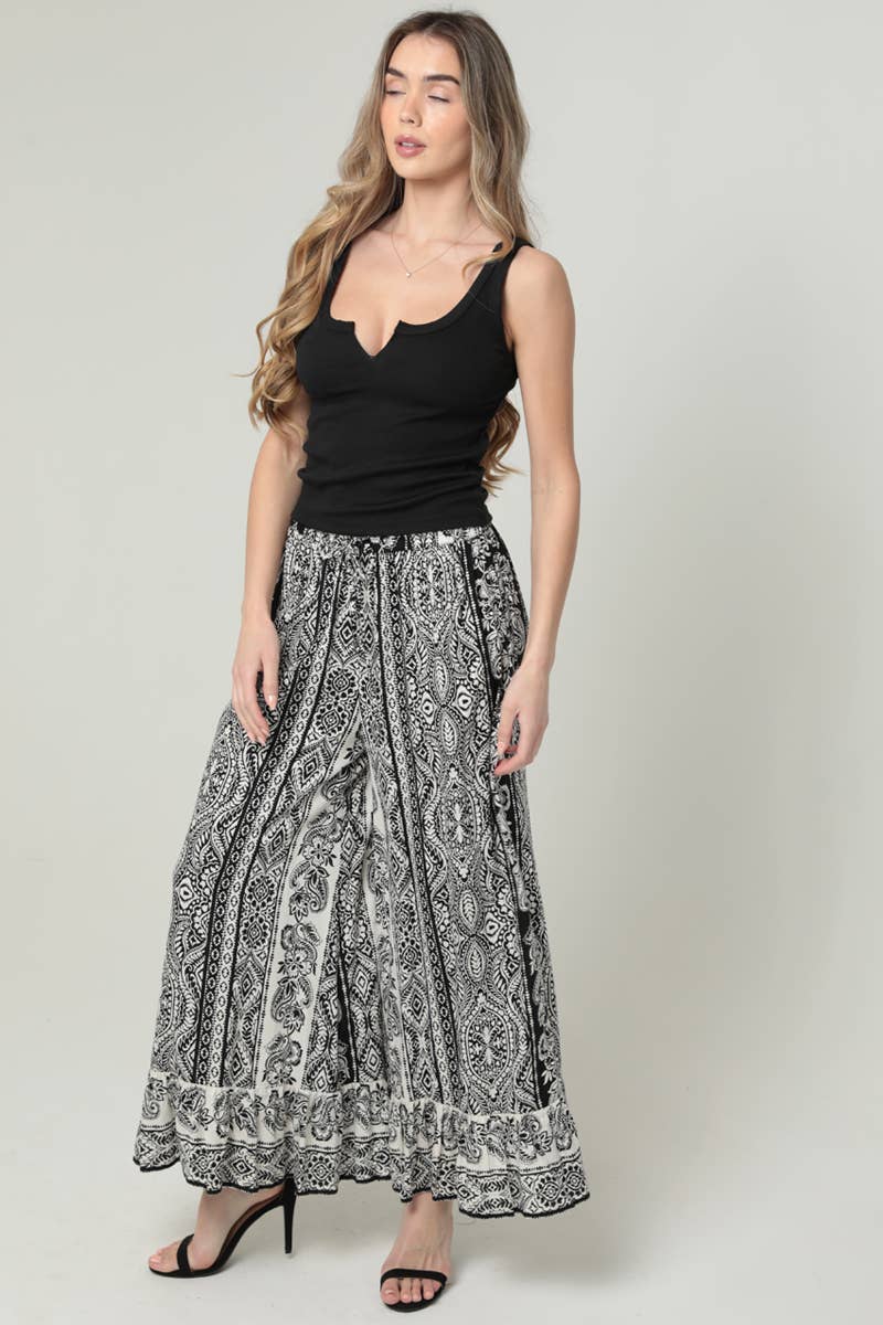 B3717-A938 PRINTED WIDE LEG PANTS ELASTIC DRAWSTRING WAIS