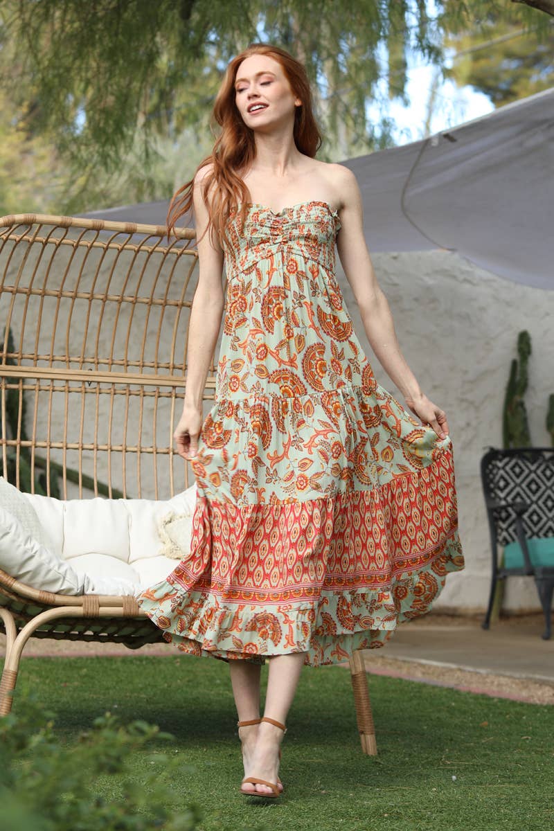 C4A90-A889 SMOCKED BUST STRAPLESS TIERED MAXI DRESS