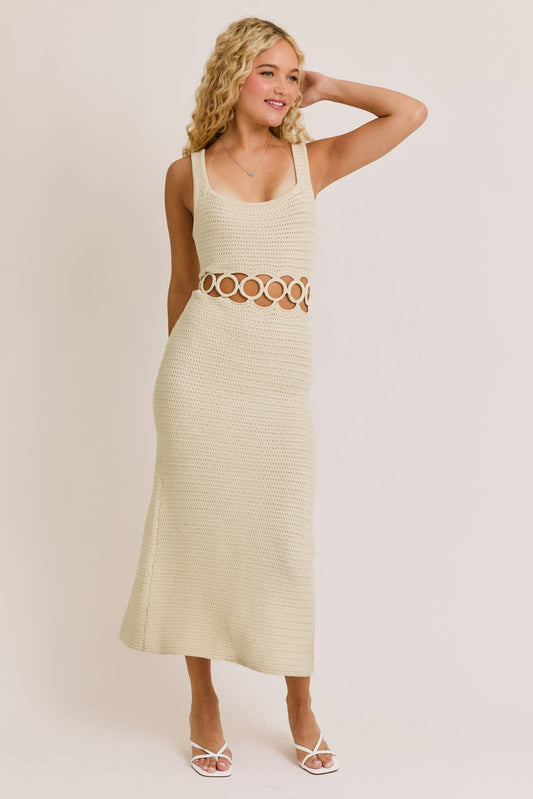 SQUARE NECK SLEEVELESS CROCHET MIDI DRESS: CREAM / MWD6871