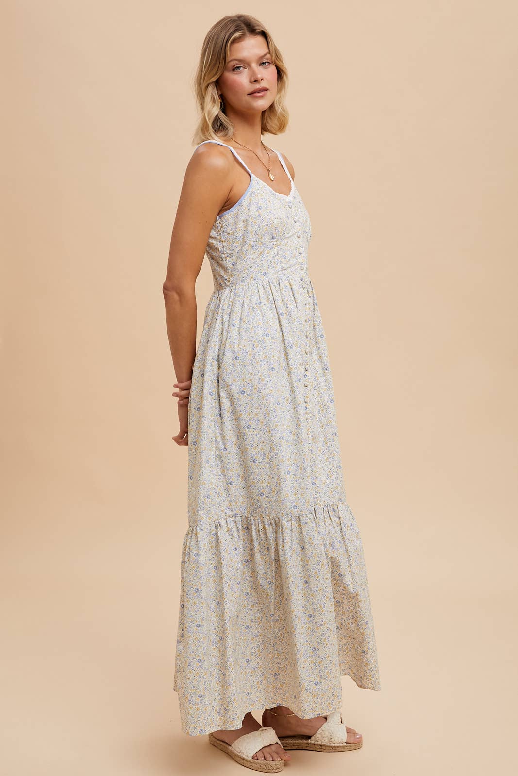 COTTON FLORAL BUTTON DOWN MAXI: CREME RED BLUE / ILD5699