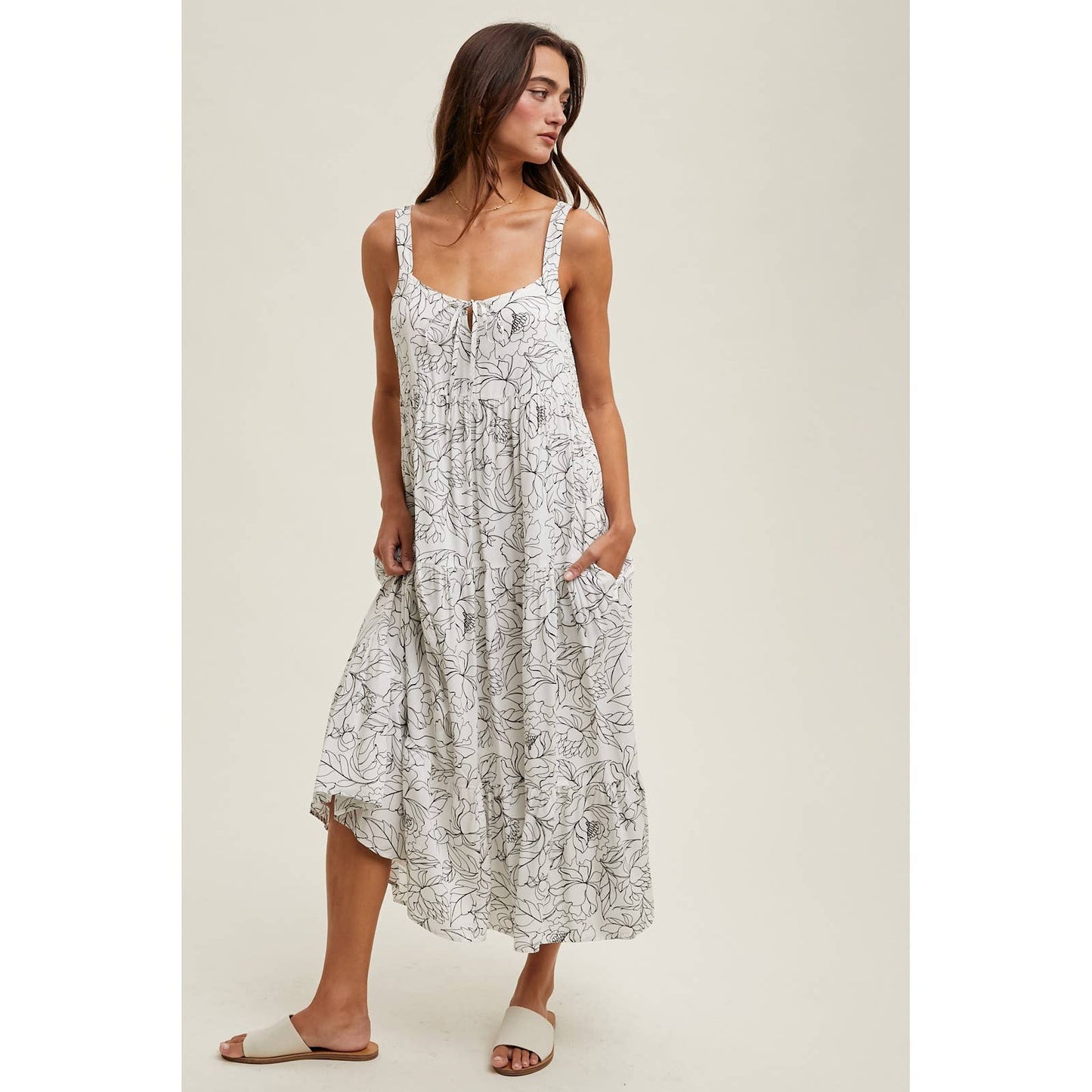 FLORAL SLEEVELESS MIDI DRESS / WL25-10148: WHITE/BLACK