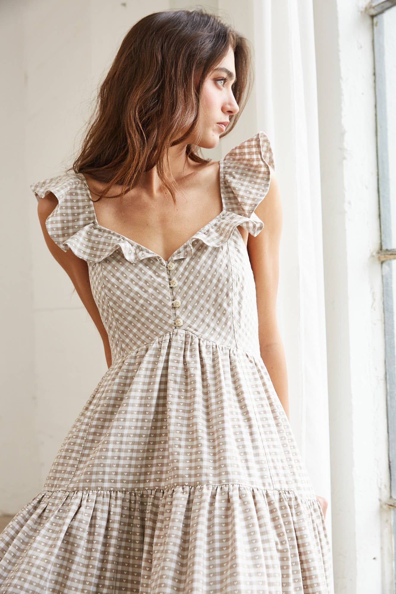 Heart Gingham Print Button Down Ruffle Maxi Dress: MOCHA / MD2567