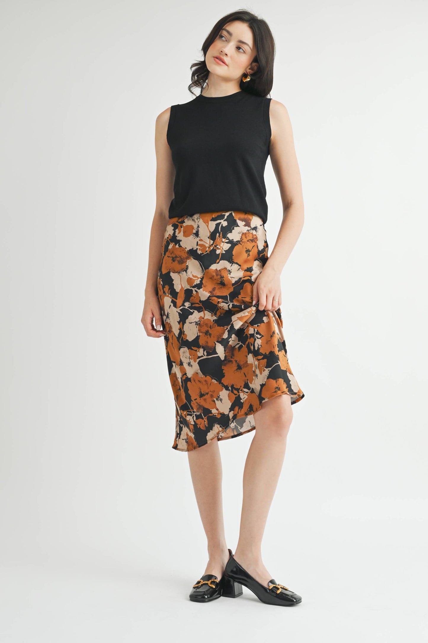 FLOWER PRINT BIAS CUT MIDI SKIRT : BLACK COMBO / FS67306