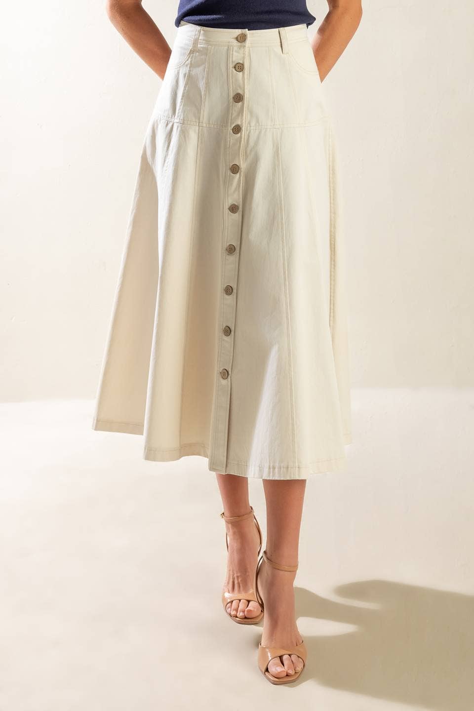 A solid woven A line midi skirt - FK1148: ECRU